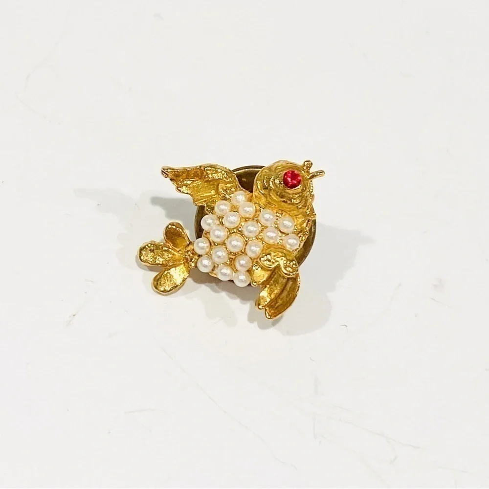 Vintage Miniature Golden Bird Brooch Pin w/ Faux Pearls and Ruby Eye